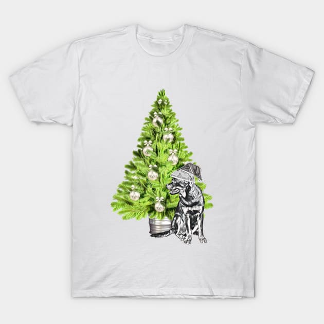 Rottweiler Christmas scene with Christmas tree and Santa hat T-Shirt by NikkiBear67